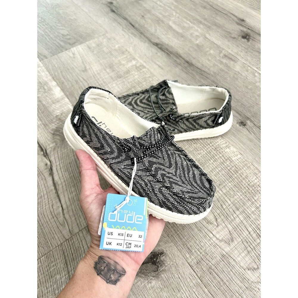 Hey Dude Shoes-Wendy Youth-Woven Black Zebra Stripe-size K13-NEW!
